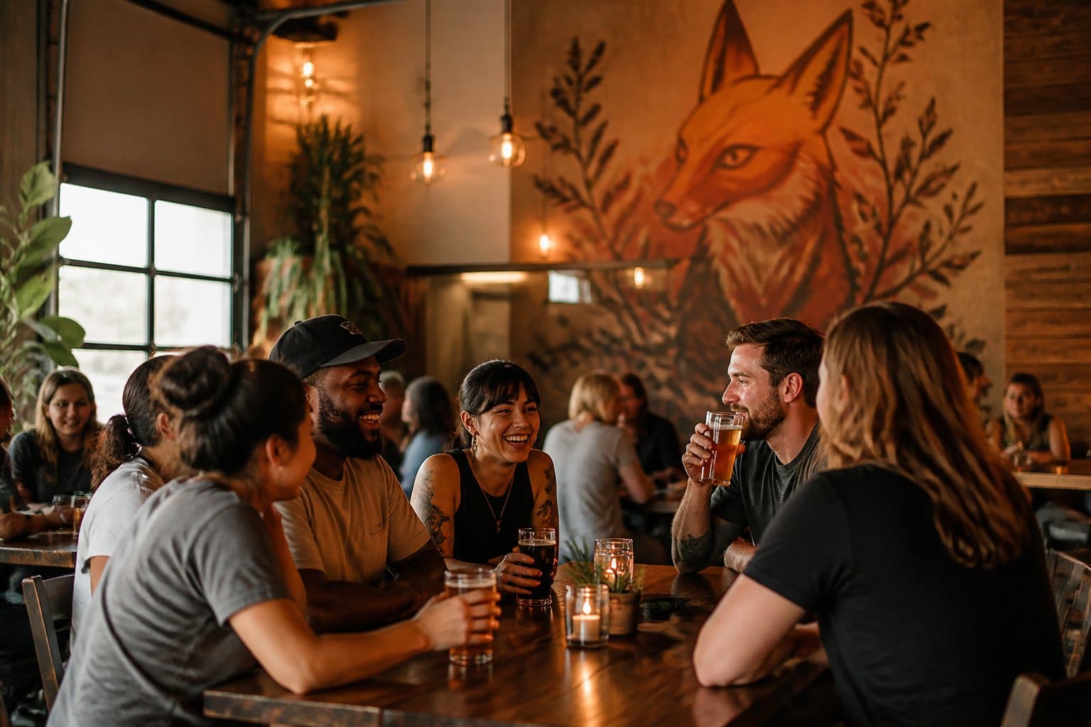 Friends gathering over beer at the Kitsune taproom