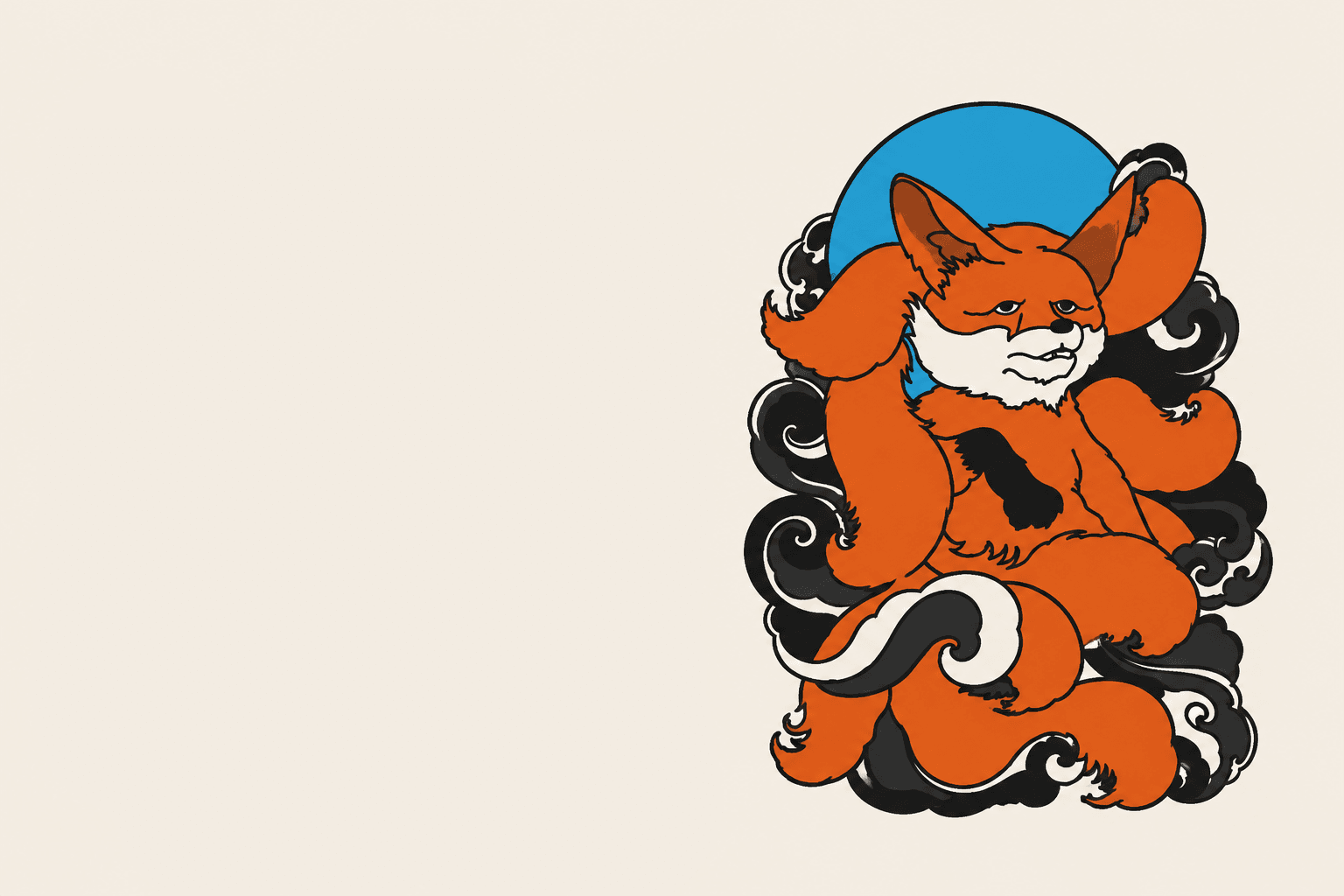 Kitsune fox illustration with blue moon and swirling clouds