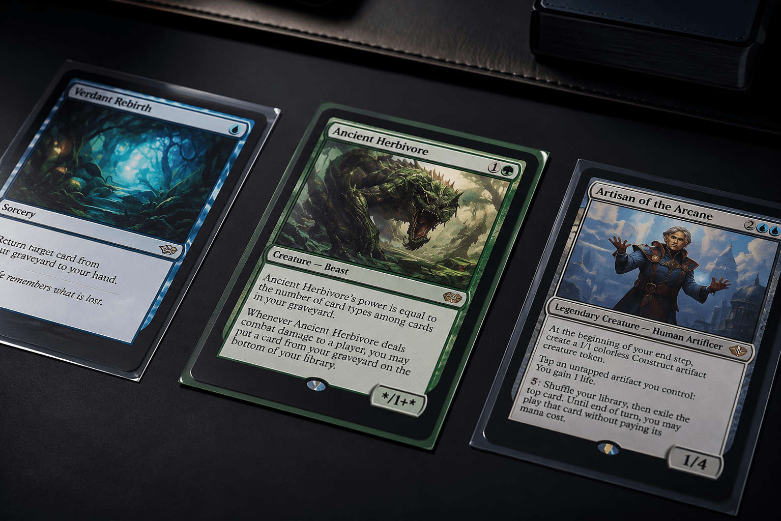 Magic cards spread across a gaming table